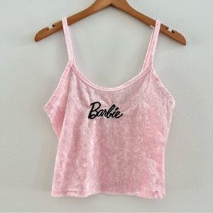 Barbie Crushed Pink Velvet & Black “Barbie” Embroidered Cropped Camisole Top S